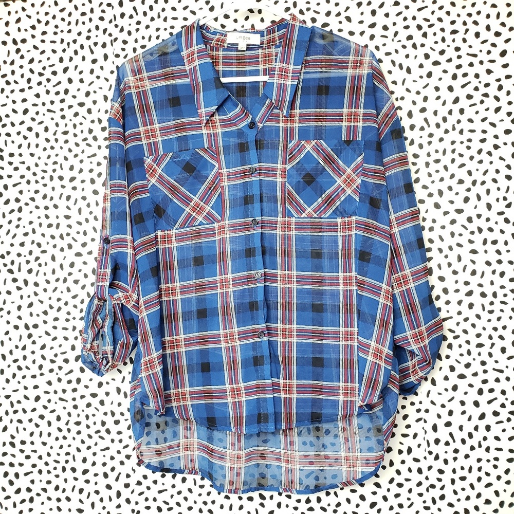 Umgee Plaid Quarter Sleeve Button Down Blouse